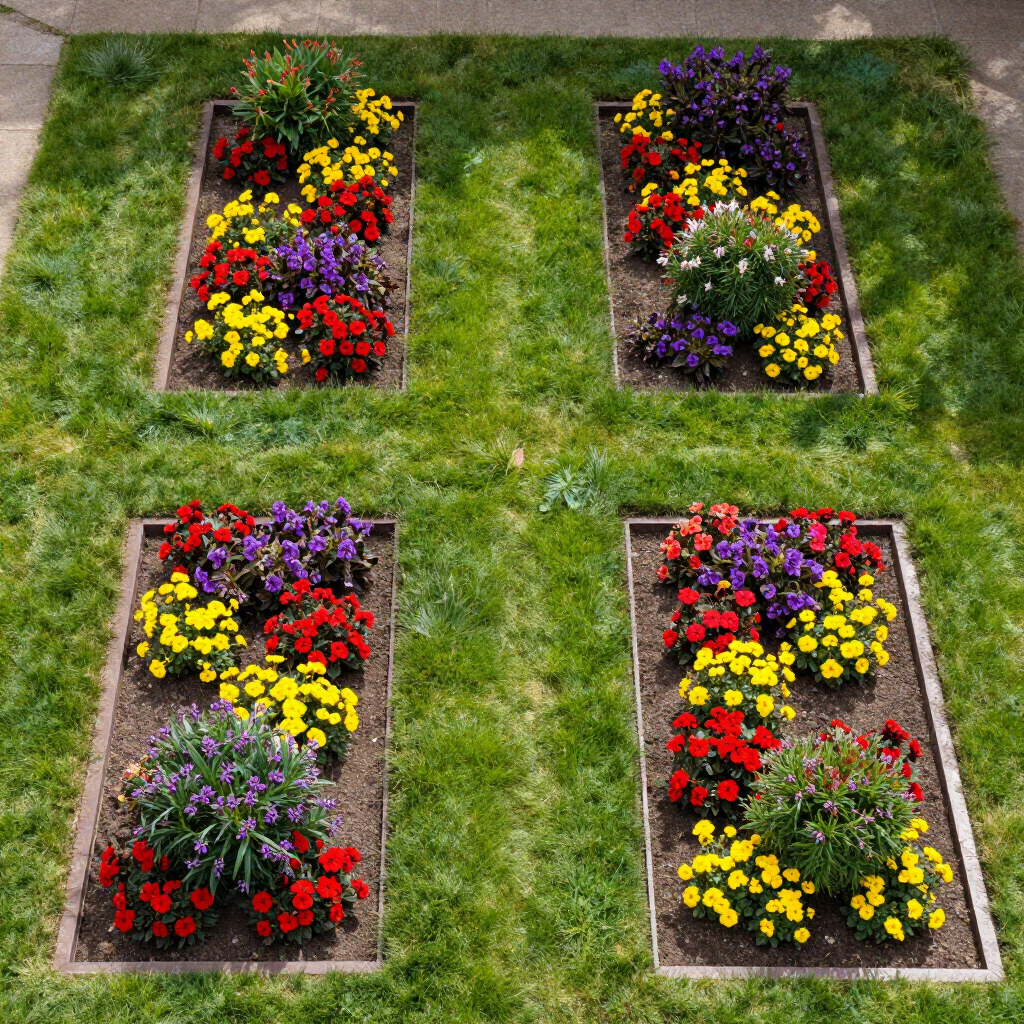 Four rectangular flower beds with colorful blooms surrounded by green grass.