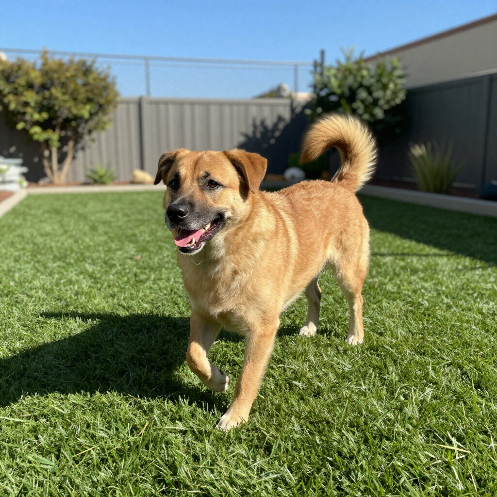 Tan dog with dark muzzle and curled tail on green grass.