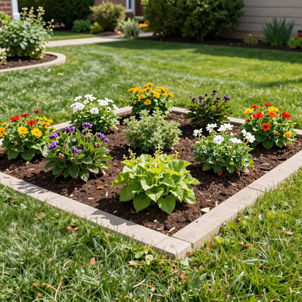 Square flower bed with colorful blooms in a green lawn.