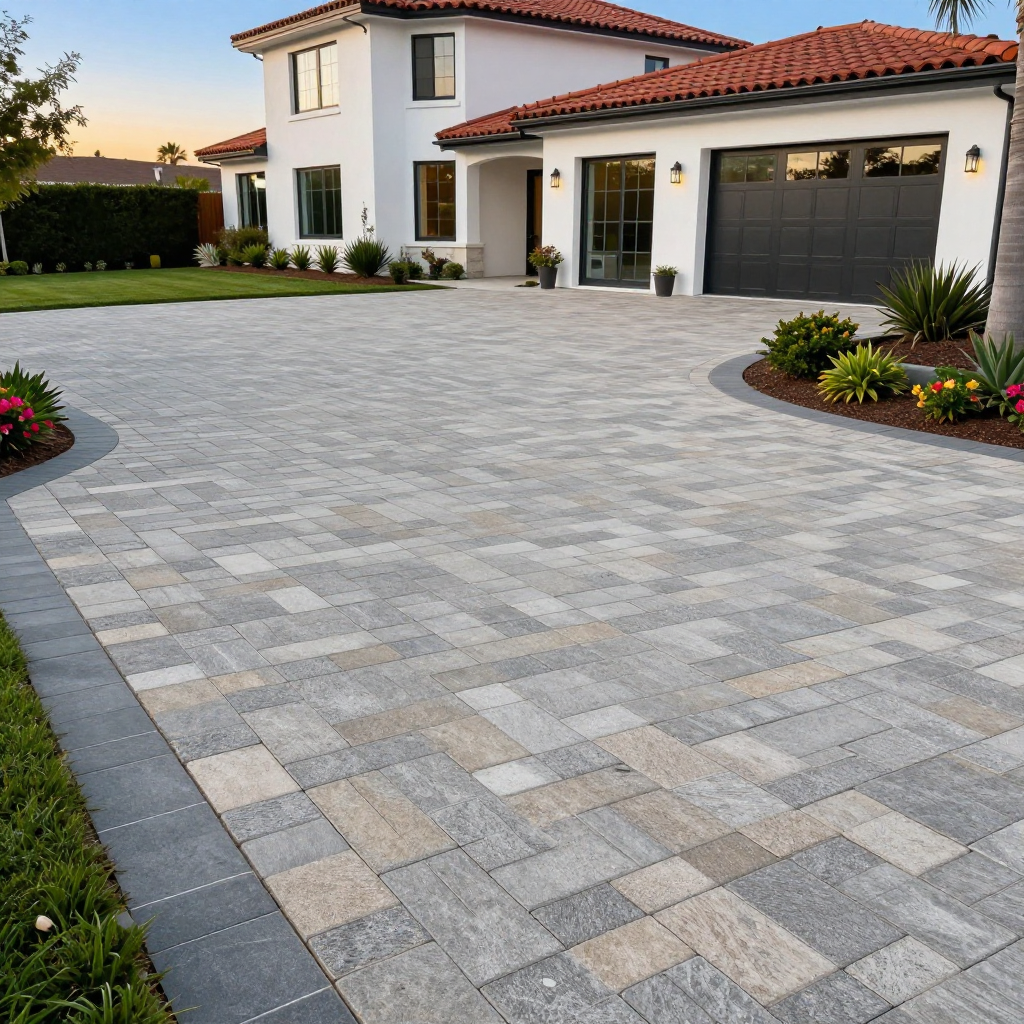 White house with red tile roof, gray brick driveway, and surrounding greenery.