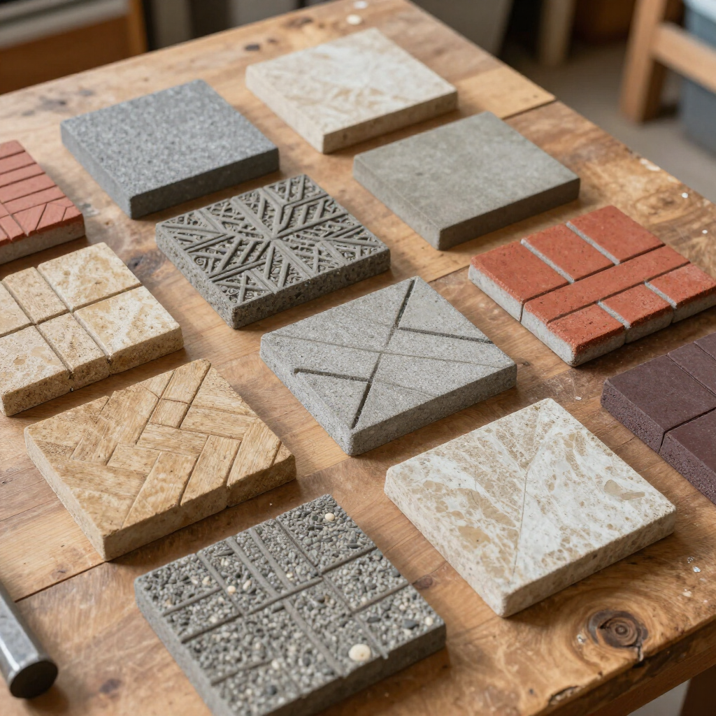 Close-up of a wooden table displaying various textured concrete tiles in different colors and patterns.