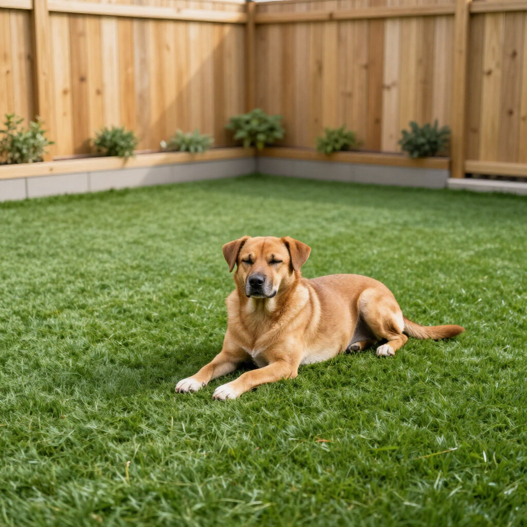 Brown dog lying on green grass in a fenced yard.