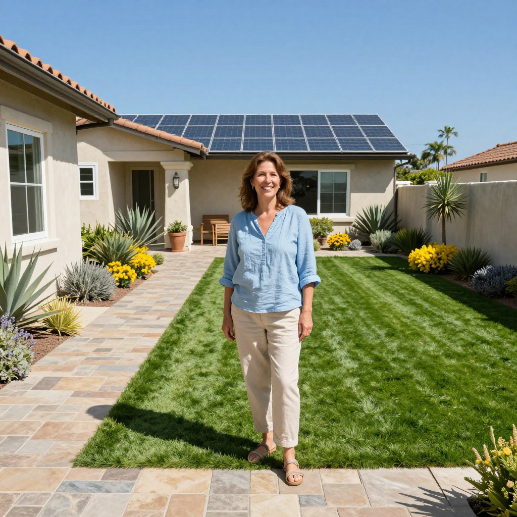 Woman in front of house with solar panels on roof and green lawn, blue sky.