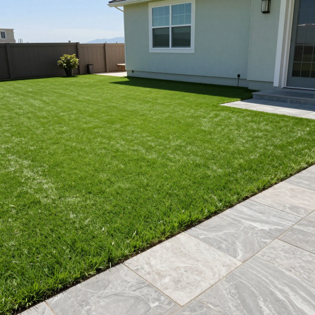 Green lawn next to stone patio, adjacent to a light blue house.