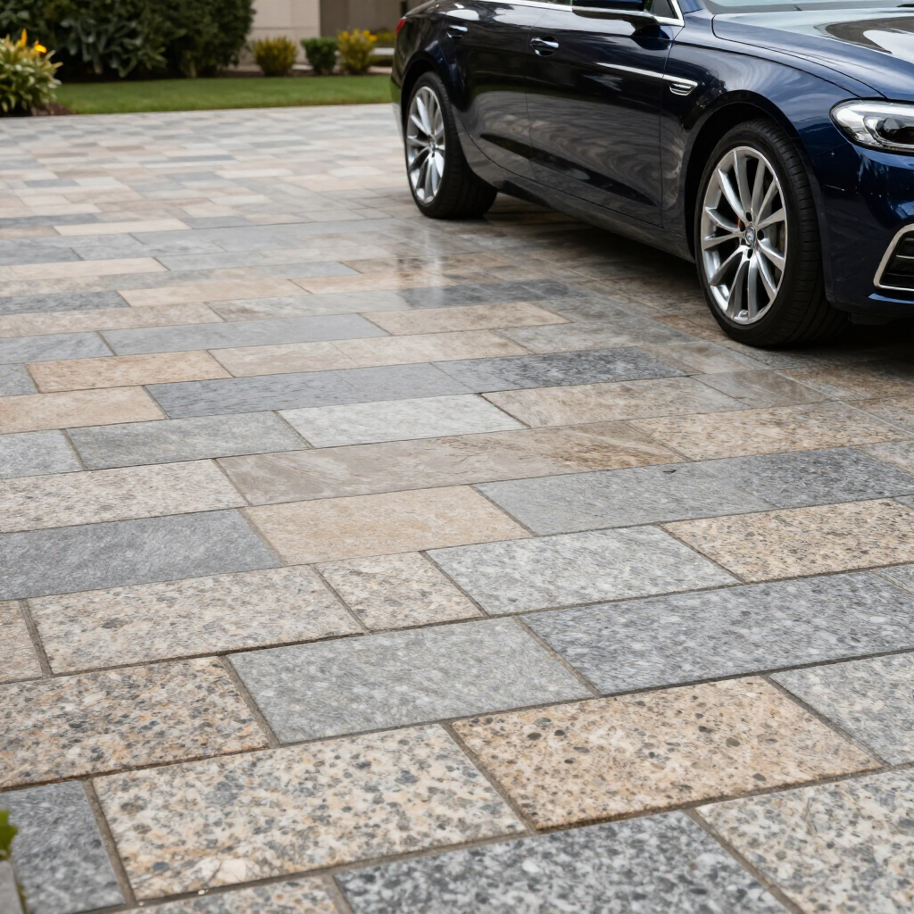 Blue car parked on a granite block driveway.