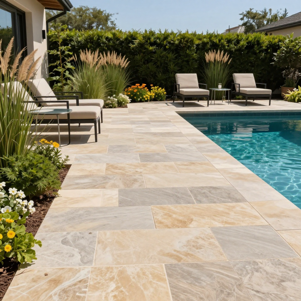 Stone patio with pool, lounge chairs, and landscaping.