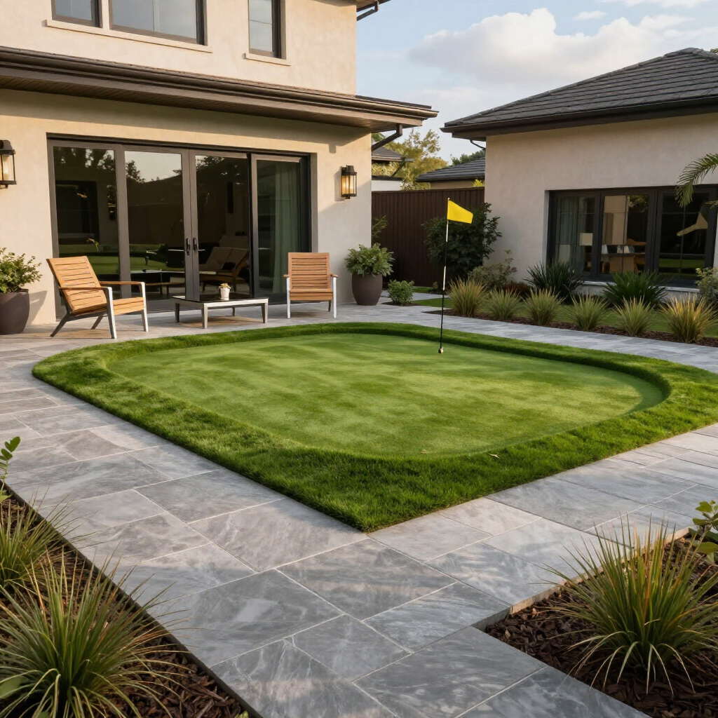 Backyard putting green surrounded by paved patio and landscaping, near a house.