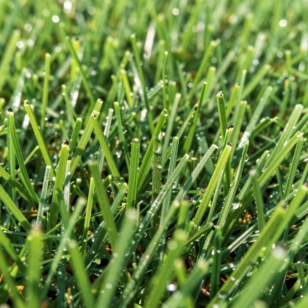 Close-up of bright green grass blades, some with small water droplets.