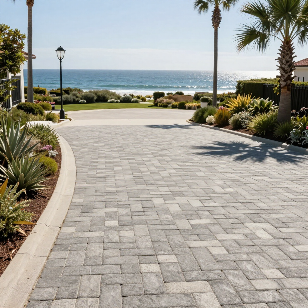 Brick driveway leading to beach and ocean, palm trees, sunny day.