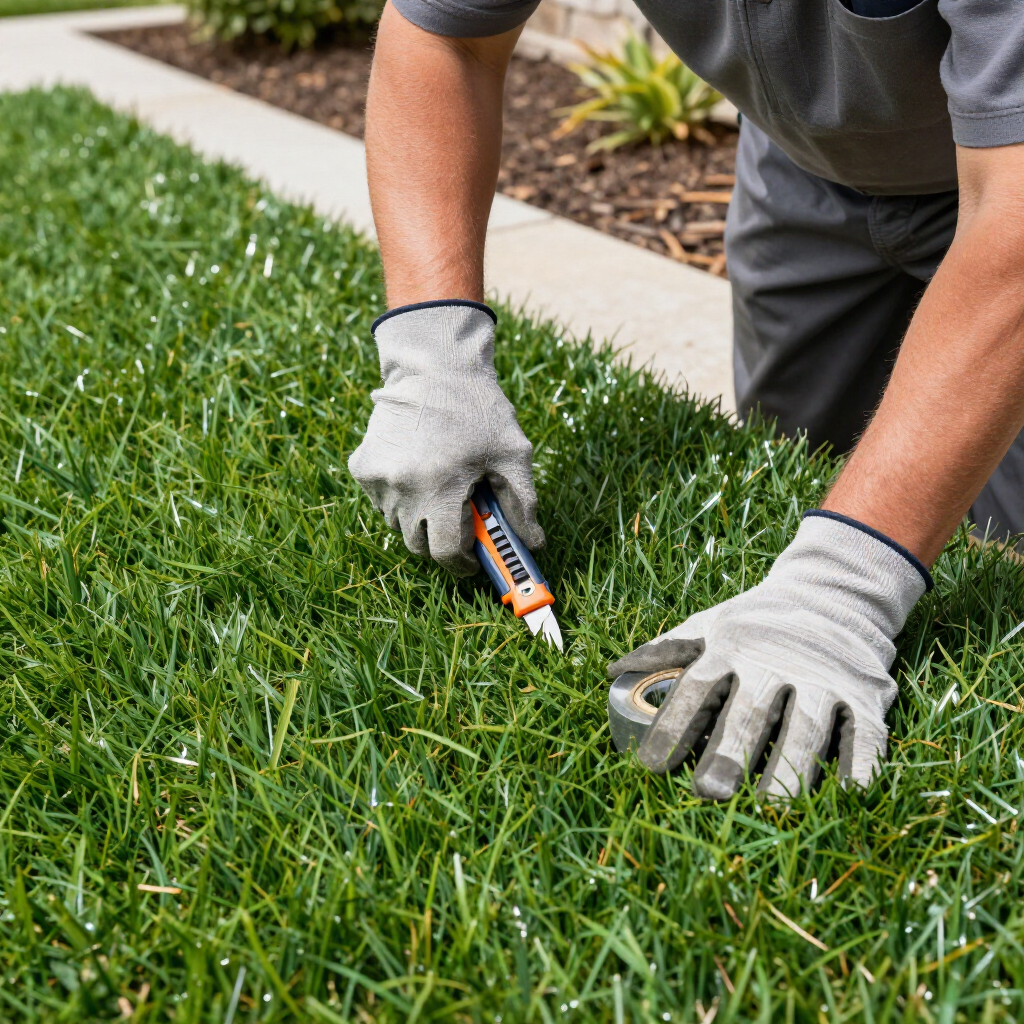 Person in gloves cutting grass with a tool in a lush green lawn.