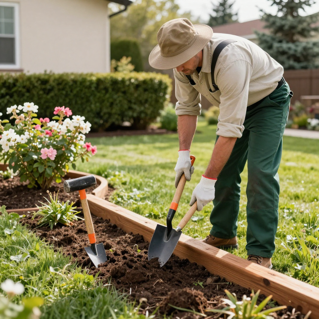 Man gardening in a sunny yard, using a shovel. He is wearing a hat, gloves, and green pants.