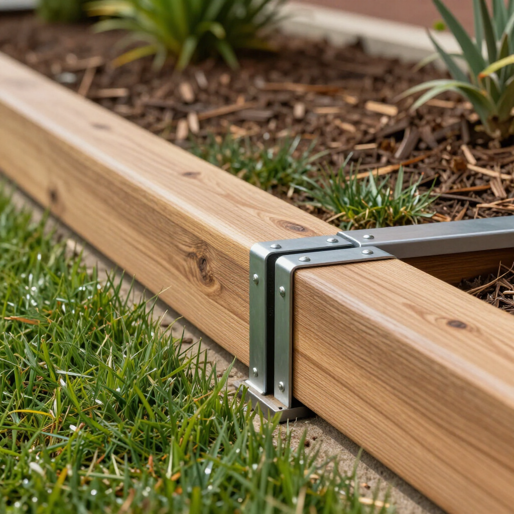 Wooden raised garden bed corner with metal brackets on grass and mulch.