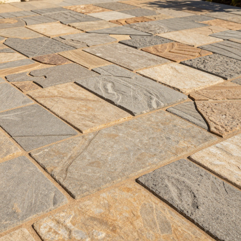 Stone patio pavers in shades of tan and gray, laid in a geometric pattern.