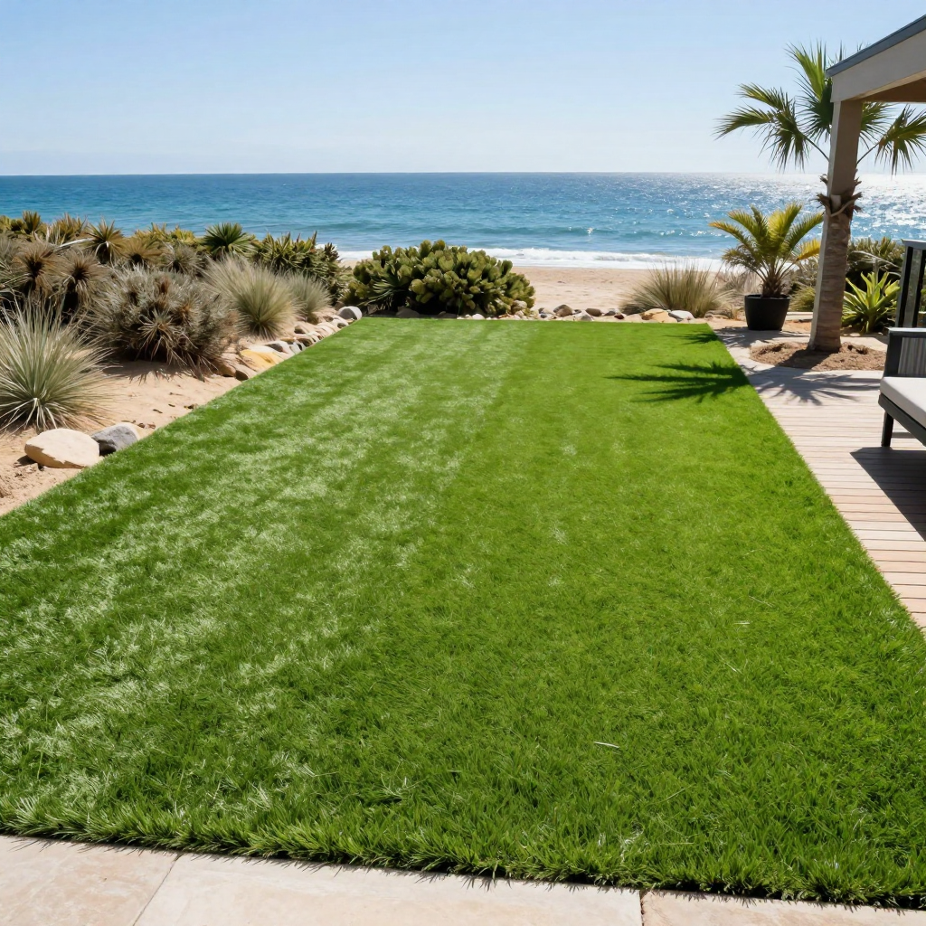 Green lawn next to beach and ocean. Palm trees and plants in background. Sunny day.