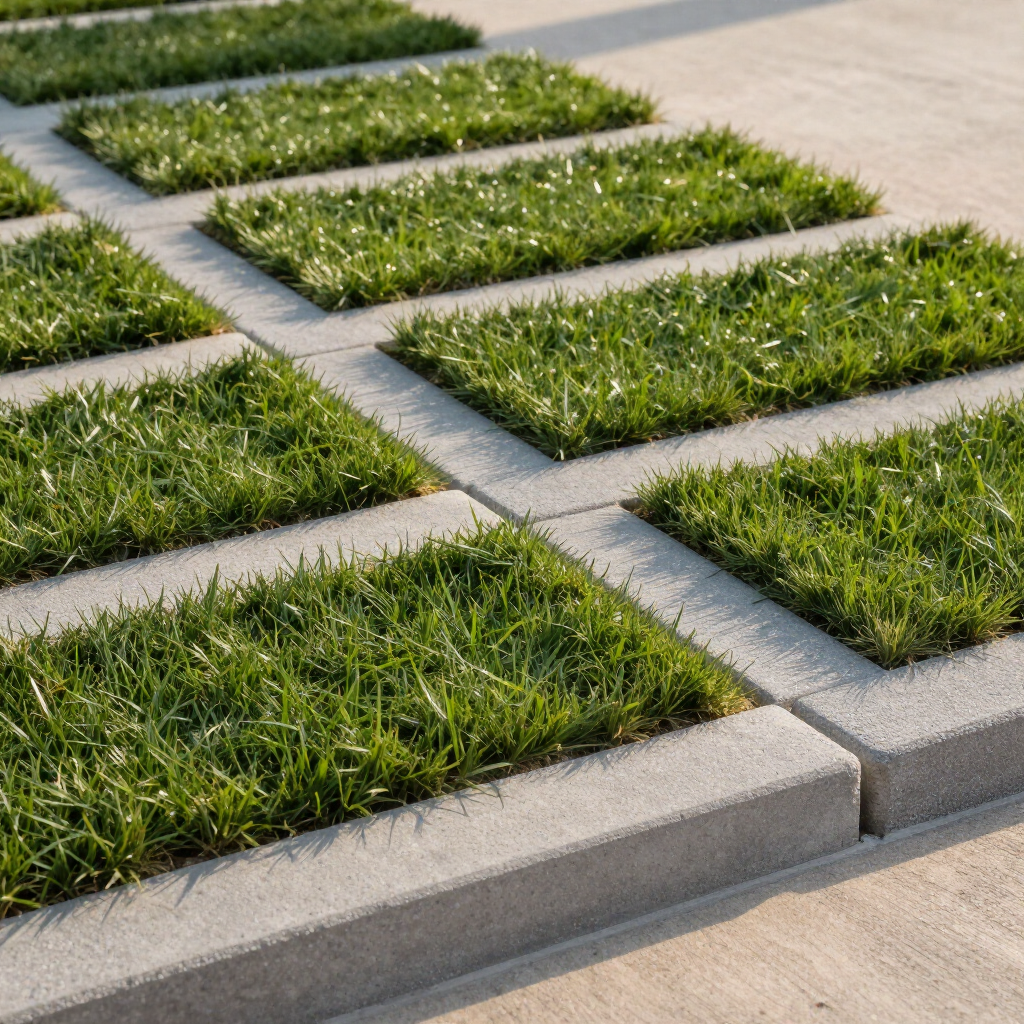 Concrete paving stones with rectangular grass inserts.