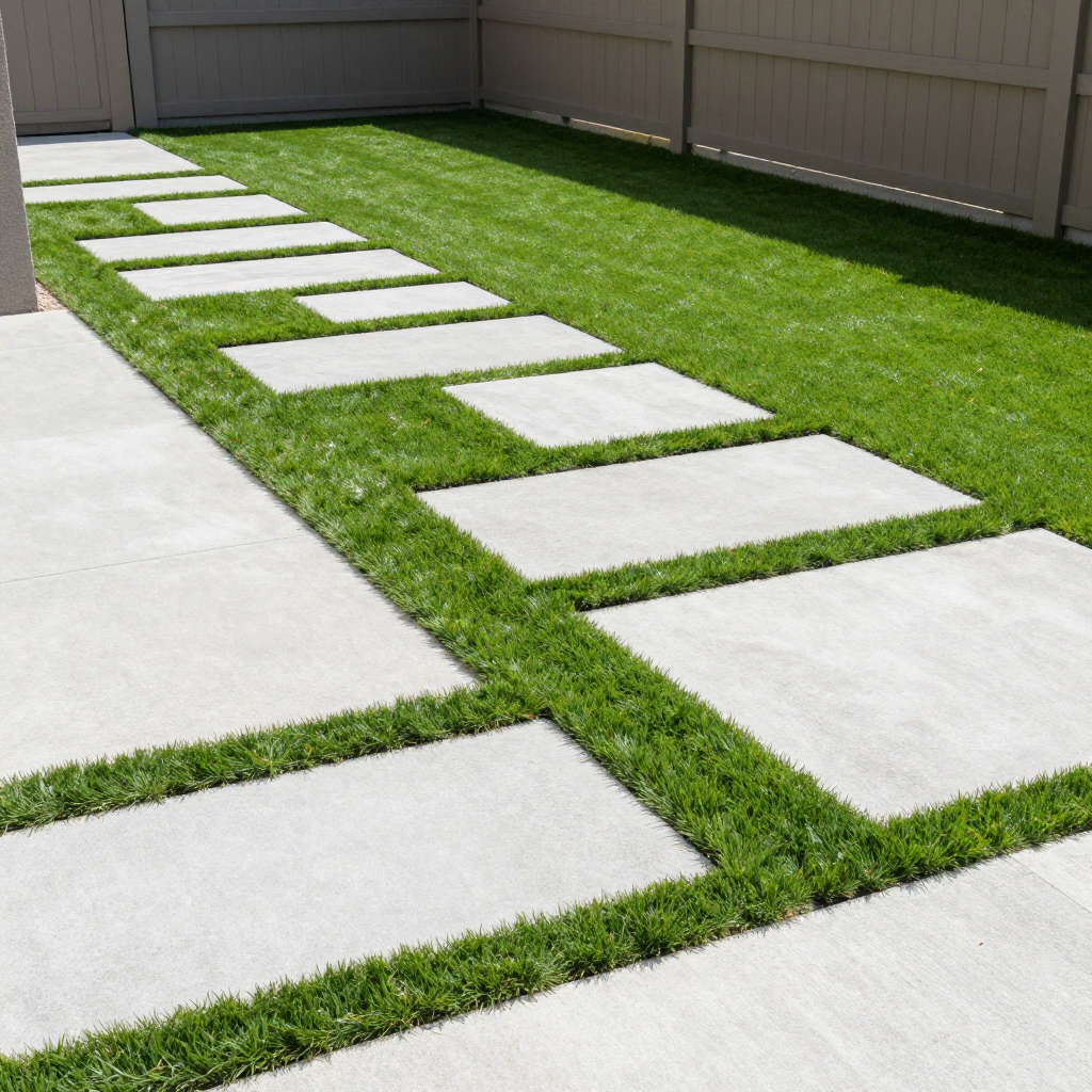 Stone walkway with rectangular pavers, grass, and a wooden fence.