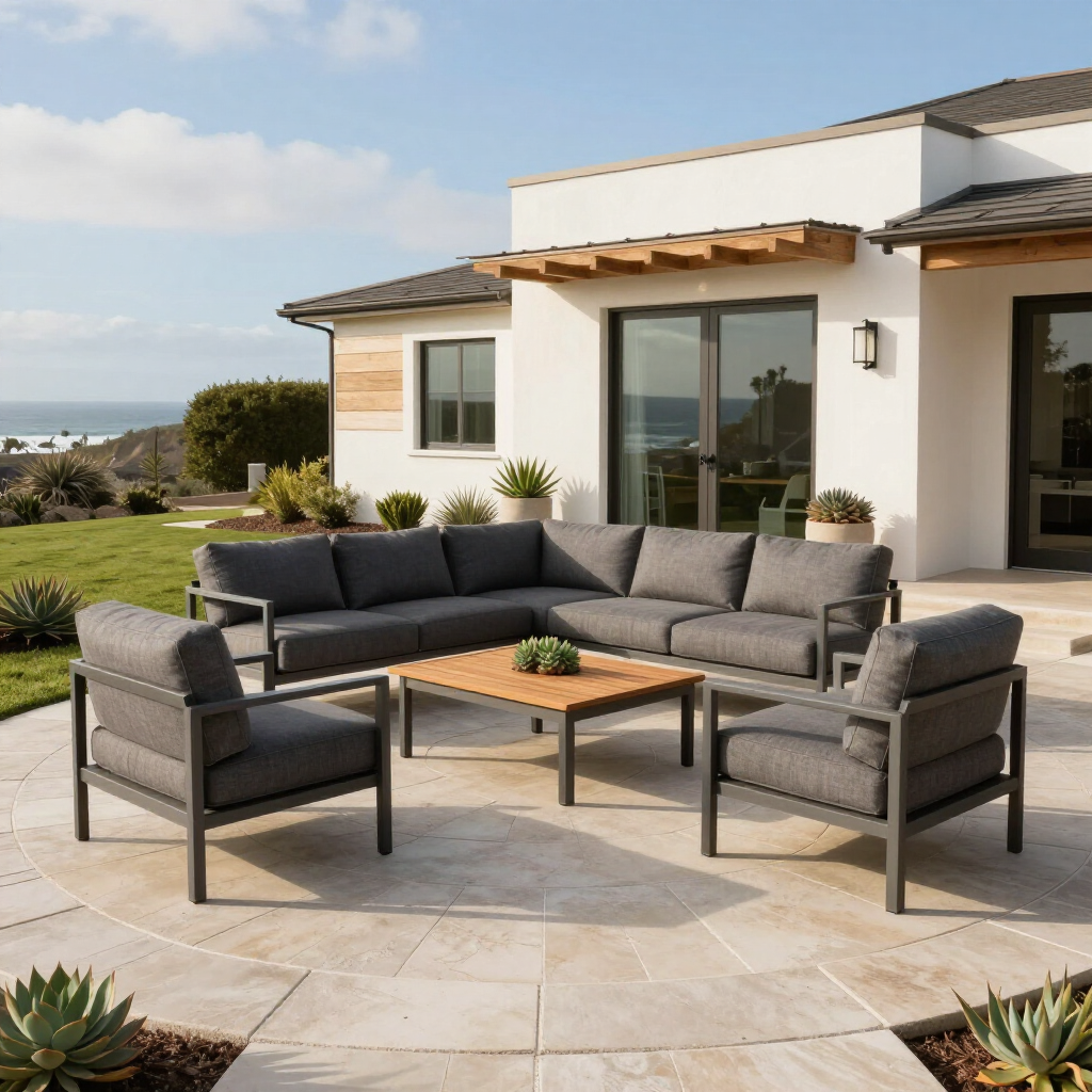 Outdoor seating set on a patio with a house in the background and ocean view.