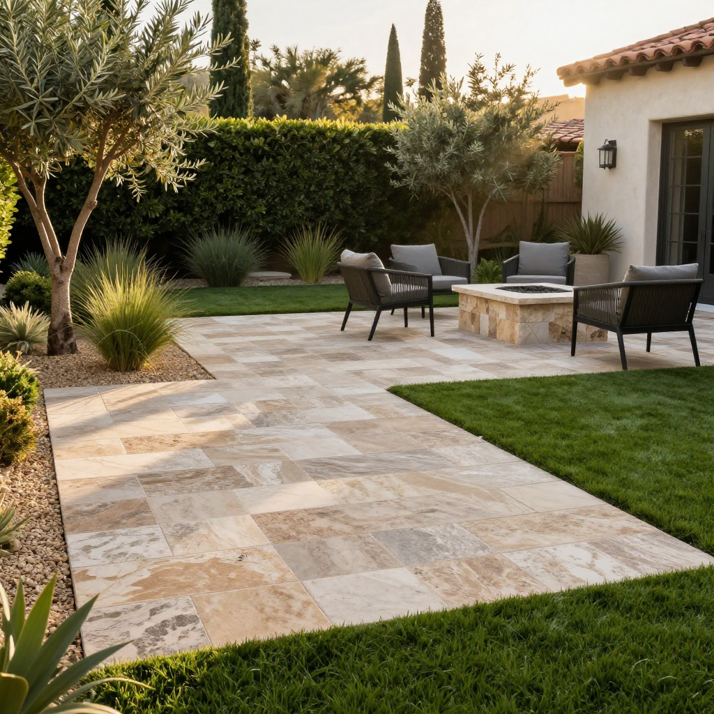 Patio with stone pavers, fire pit, and seating, surrounded by green grass and trees.