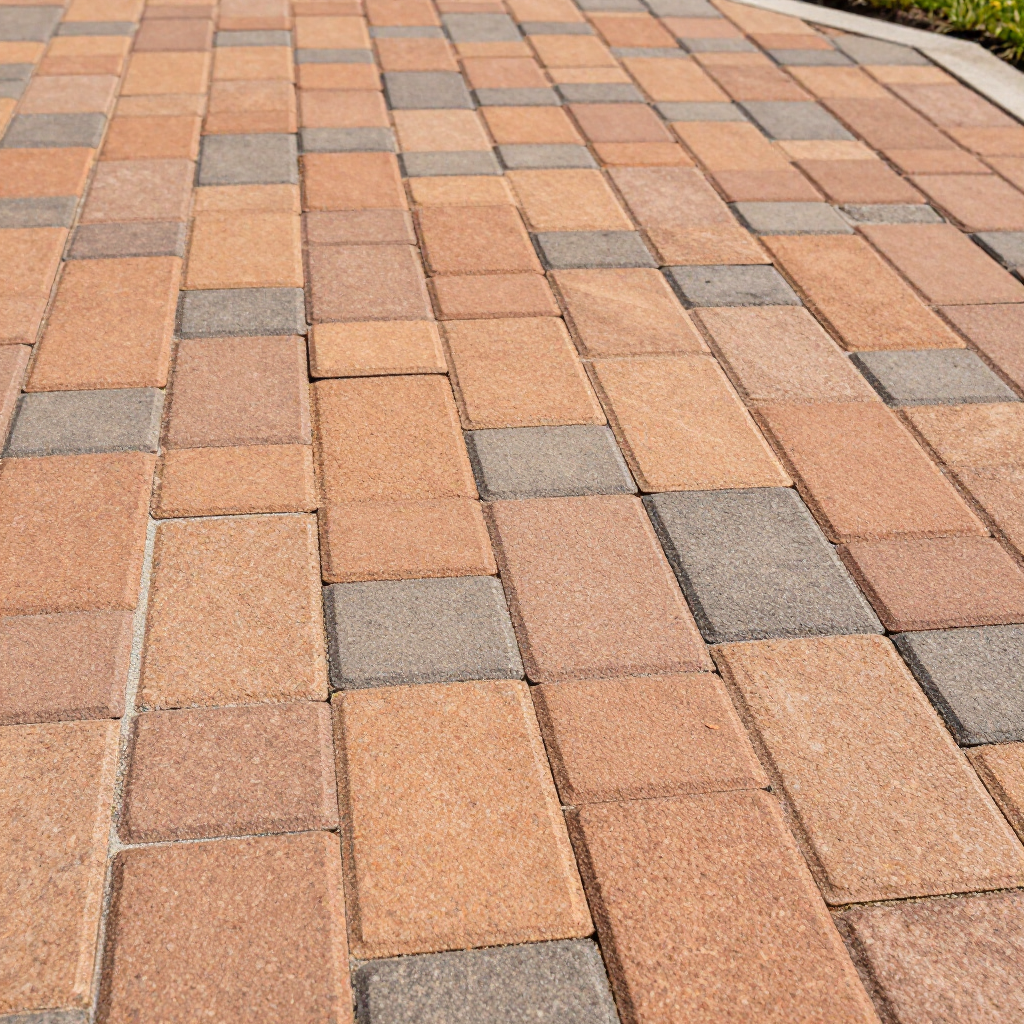 Brick paver walkway, alternating orange and gray rectangular bricks.