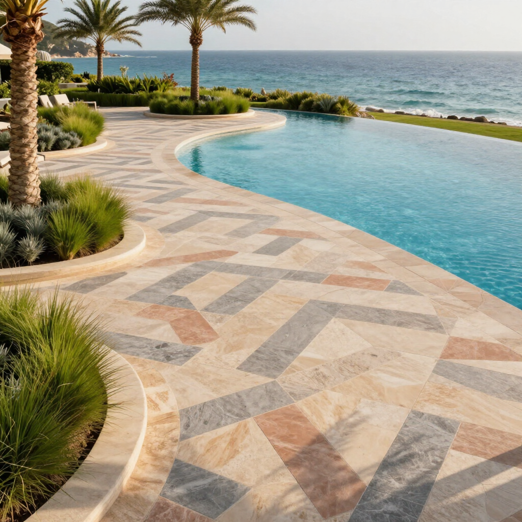 Poolside patio overlooking ocean with patterned stone tiles and palm trees.