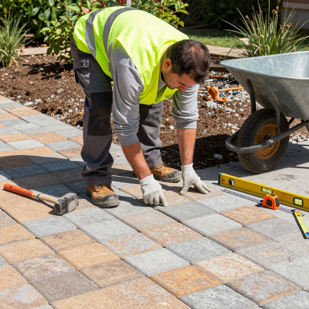 Person in safety vest laying paving stones near a wheelbarrow and tools.