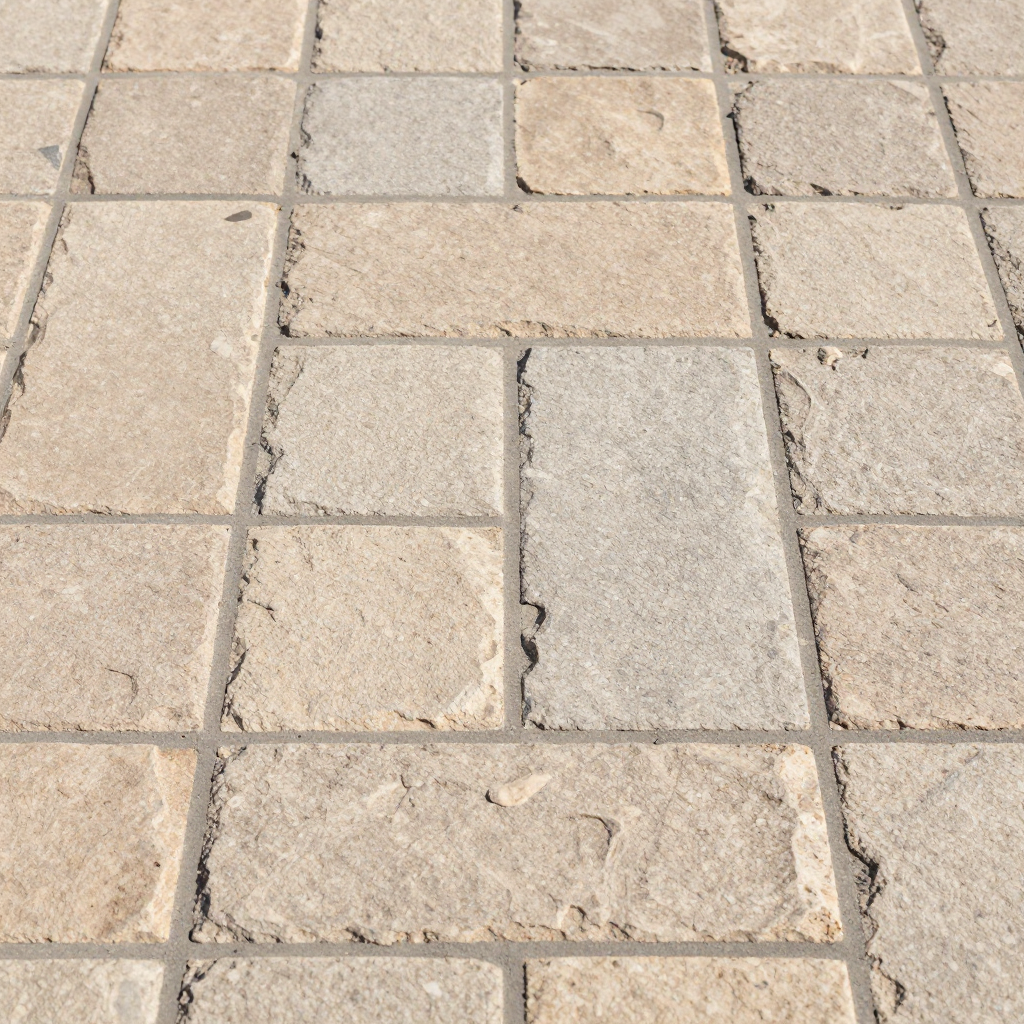Stone pavers in a grid pattern; varying shades of tan with dark gray grout.