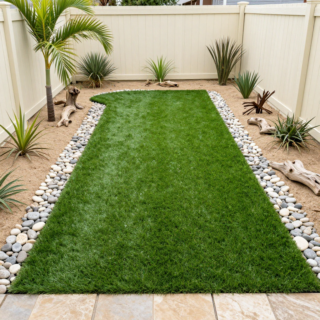 Lush green grass rectangle in backyard with stone border, beige fence, and tropical plants.