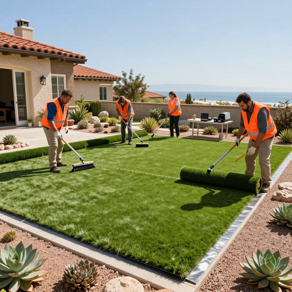 Workers installing artificial turf in a yard. Sunny day, coastal view. Orange vests, green grass, beige house.