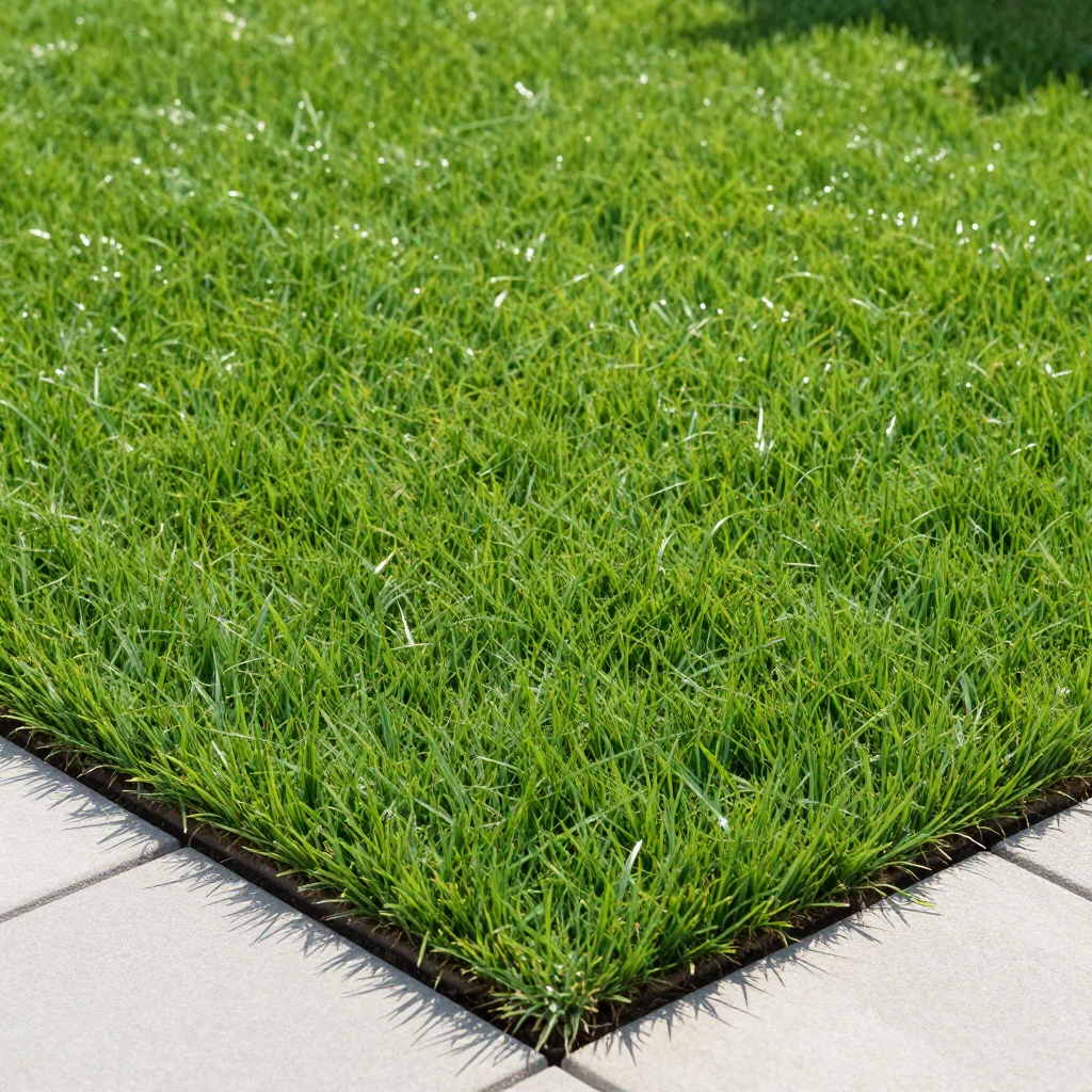 Green grass patch bordered by light gray paving stones.