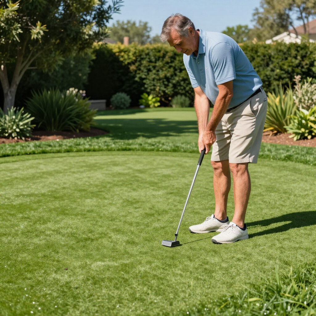 Man putting golf ball on a green, outdoors. He wears a blue shirt and khaki shorts.