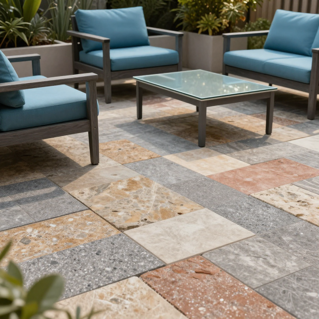 Outdoor patio with blue cushioned chairs, glass-top table, and mixed stone flooring.