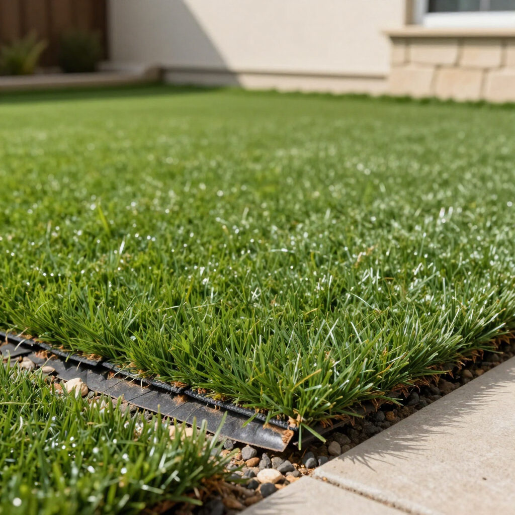 Close-up of green lawn with edging and concrete pathway.