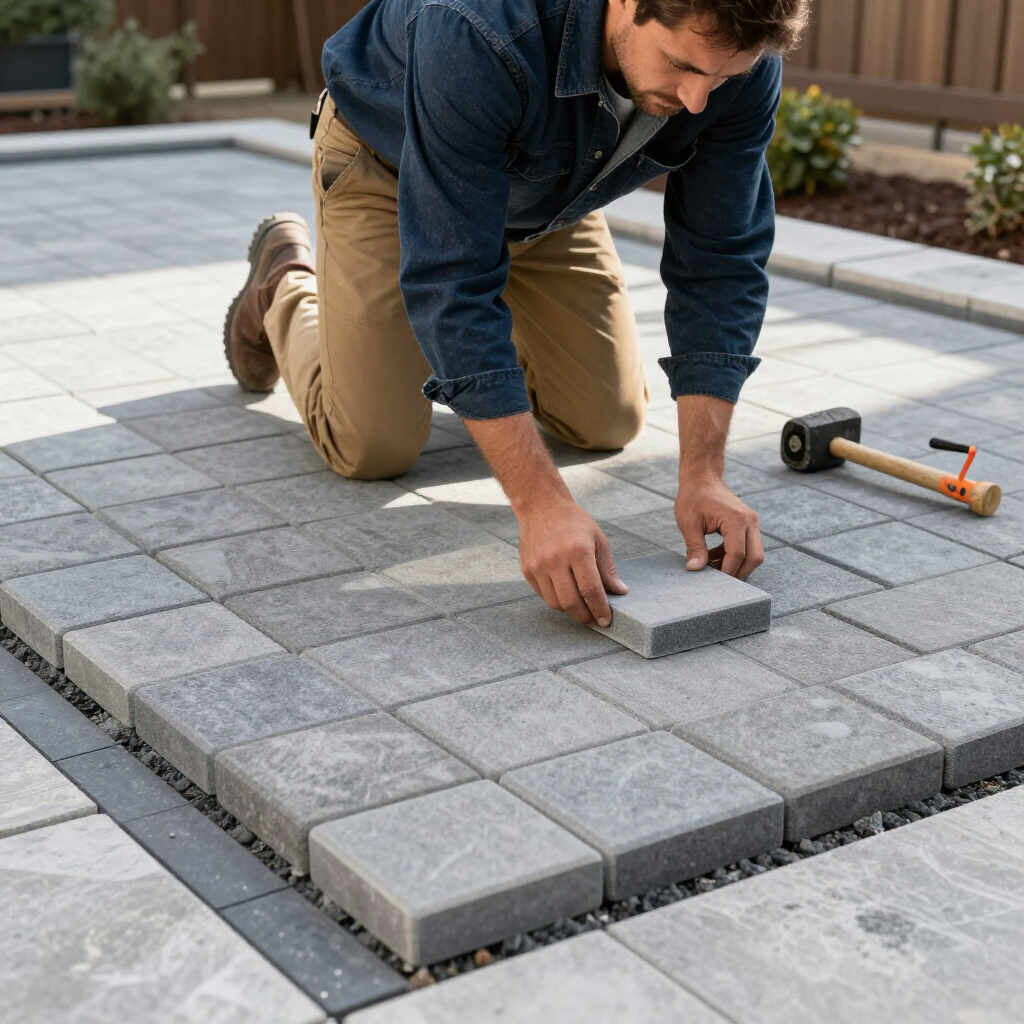 Man placing paver stone on a patio; outdoor setting, blue shirt, tan pants, hammer nearby.