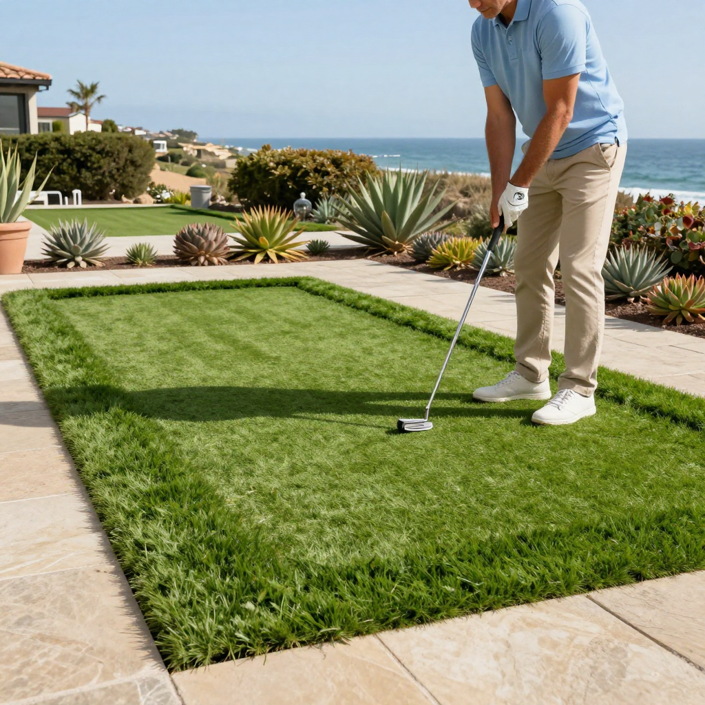 Man putting golf ball on a backyard putting green, ocean view.