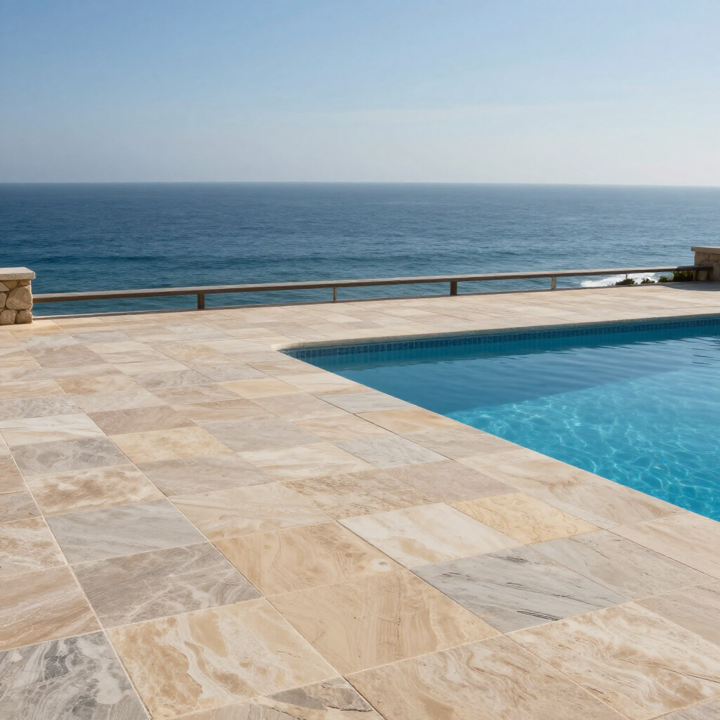 Poolside view overlooking ocean, with stone tiles and clear blue water.