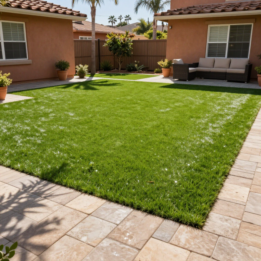 Lush green backyard lawn bordered by brick patio, flanked by two stucco houses.