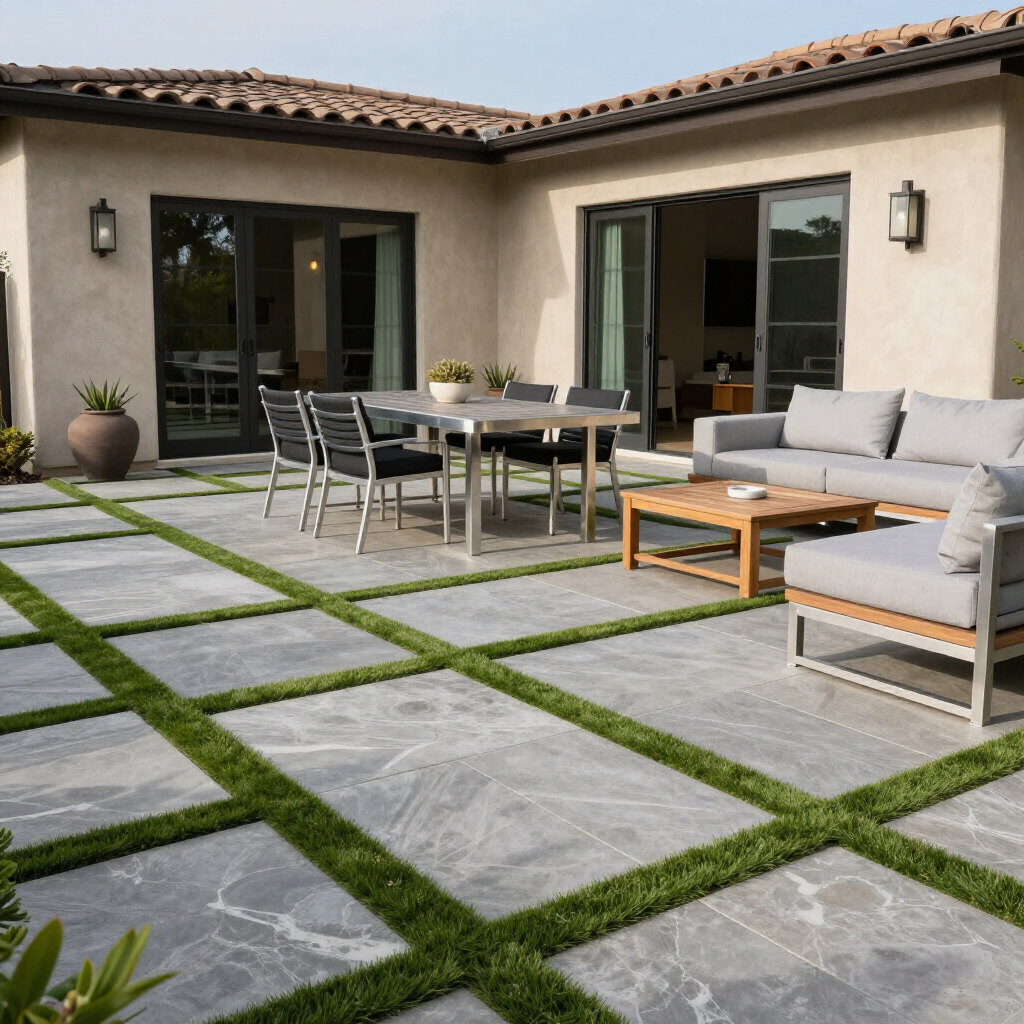 Patio with gray stone tiles and green grass strips, outdoor seating, and sliding glass doors.