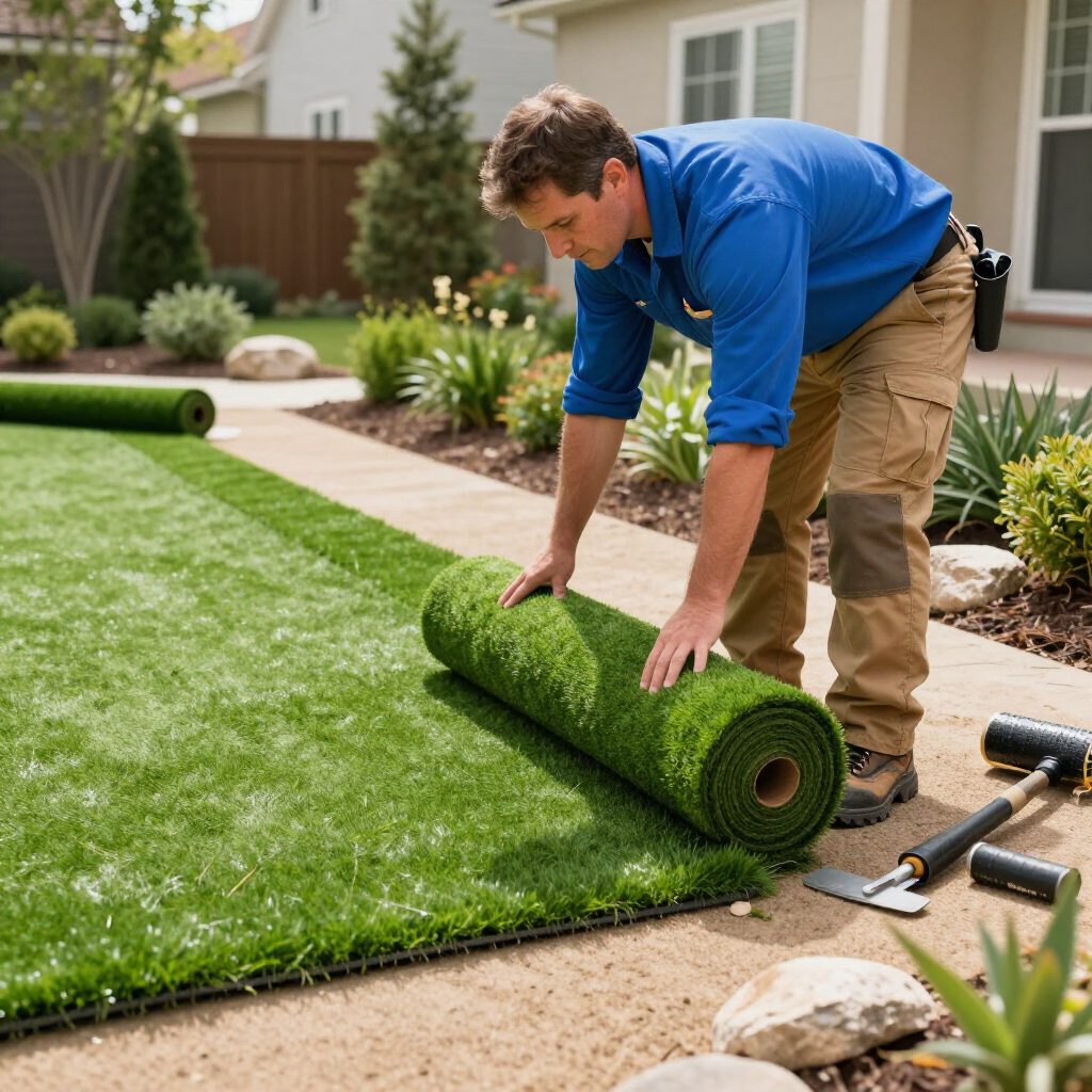 Man unrolling artificial turf in a yard, rolling green grass over brown ground, sunny day.