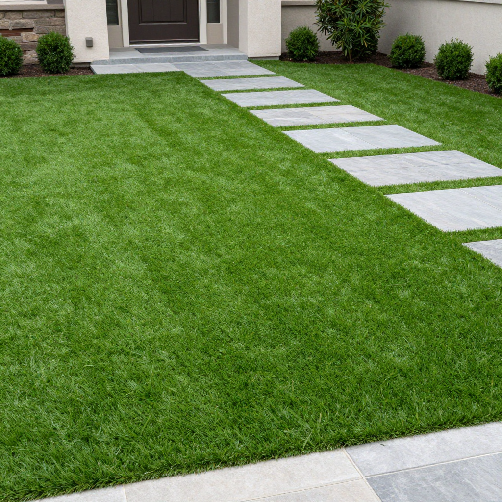 Green lawn with gray stone pathway leading to a door; small green shrubs on either side.