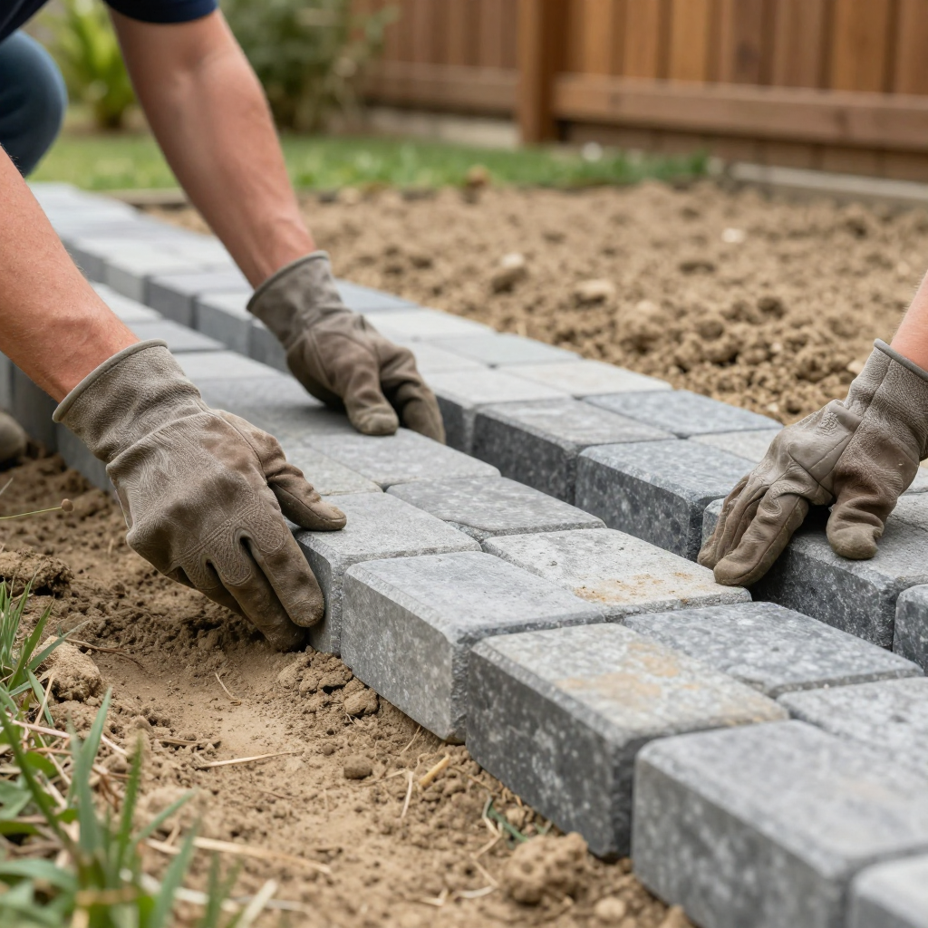 Two people wearing gloves laying gray paving stones in a dirt garden bed.