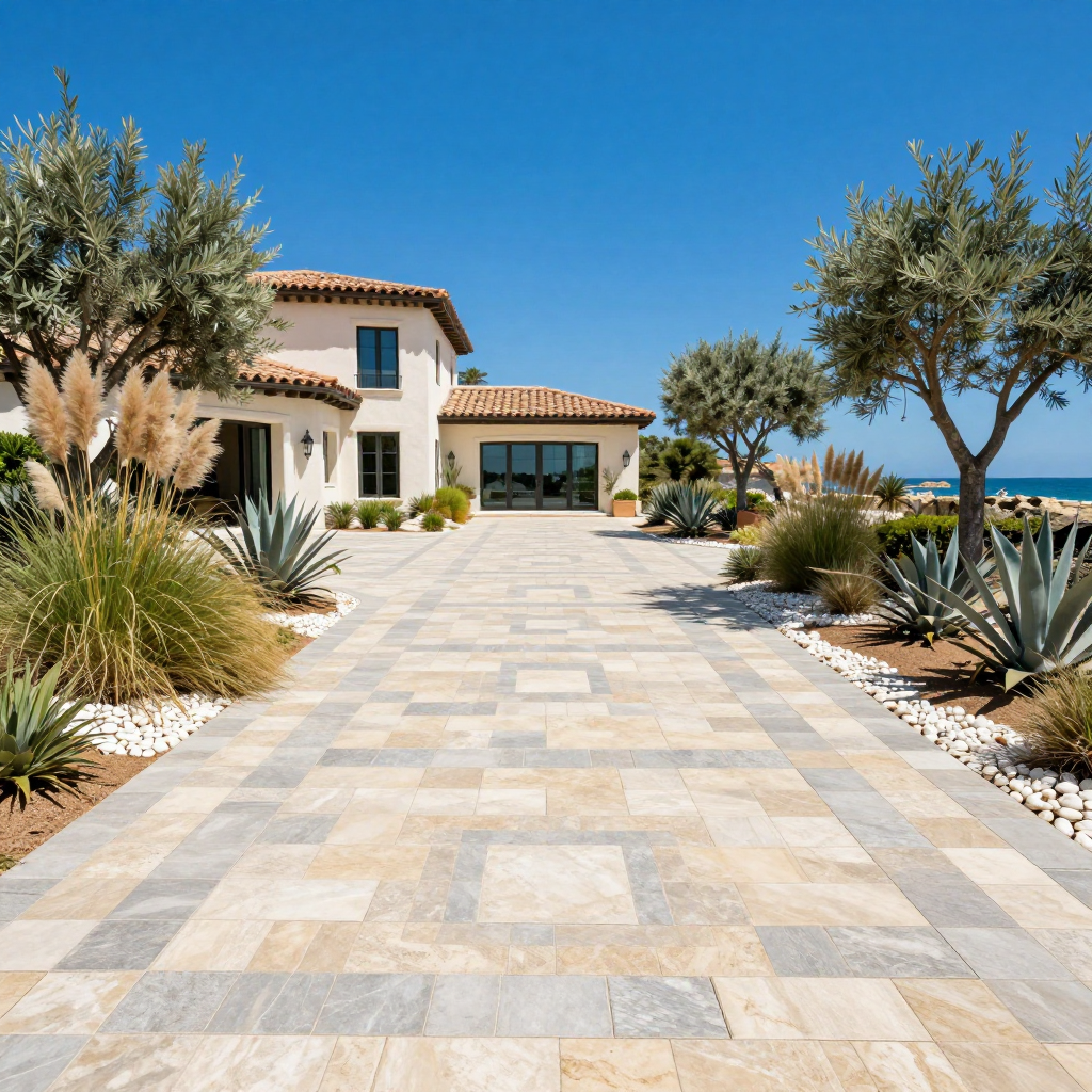 Driveway leading to a two-story home with landscaping on a sunny day.
