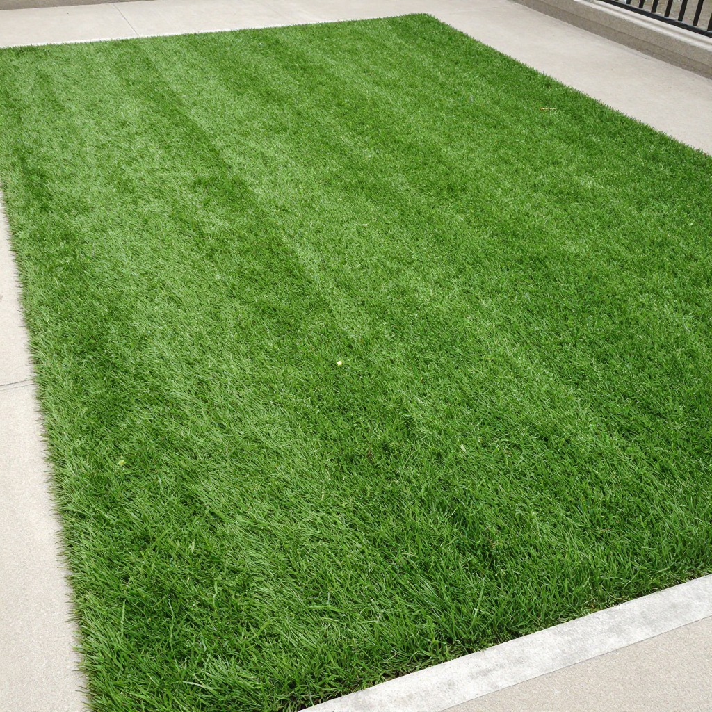 Green rectangular artificial grass on a concrete surface.