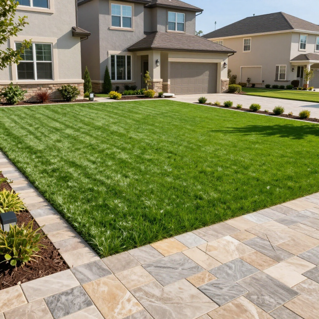 Well-maintained lawn in front of a house, with a stone walkway and driveway.
