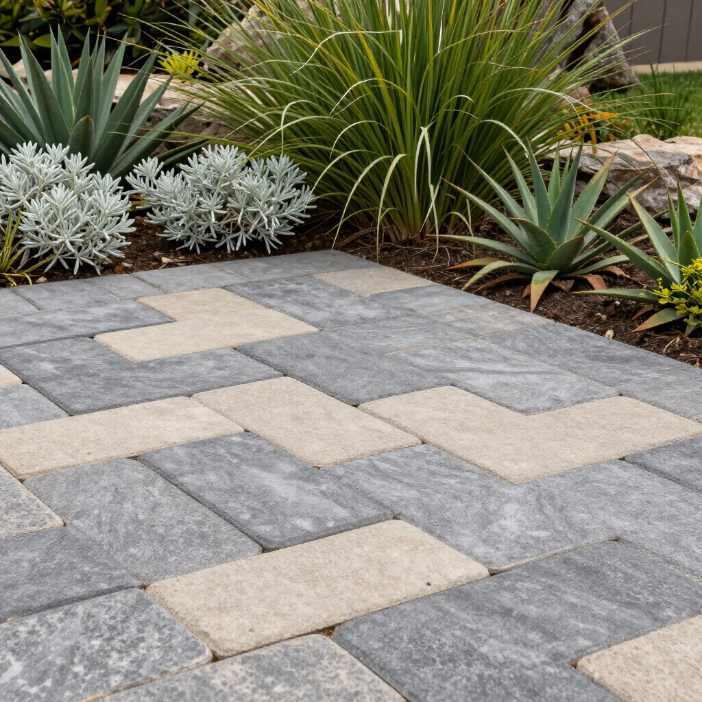 Patio pavers in gray and beige with a border of drought-tolerant plants.