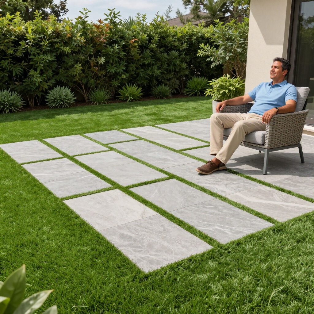 Man seated on a patio, enjoying a sunny day. Gray stone pavers with green grass accents.