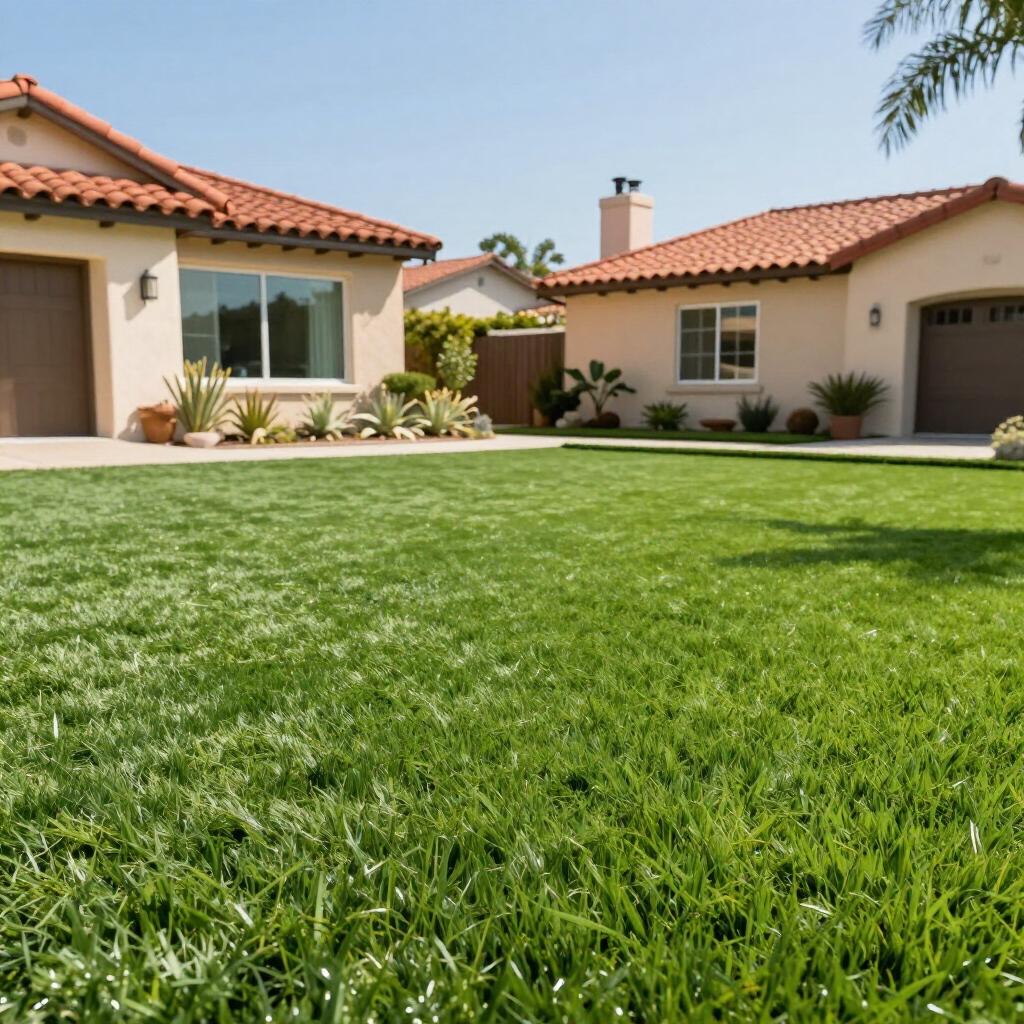 Two tan houses with terracotta roofs and brown garage doors, connected by a lush green lawn on a sunny day.