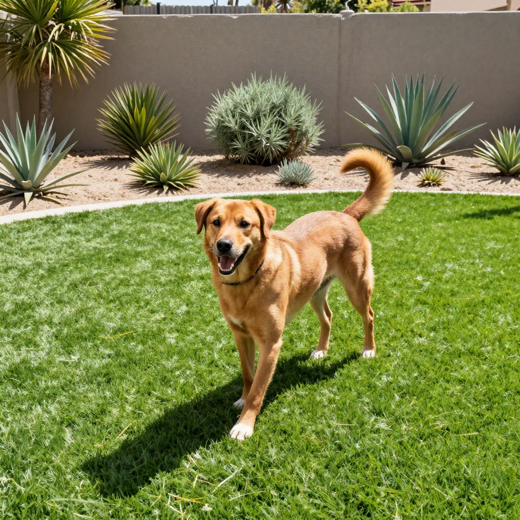 Smiling brown dog in a grassy yard, surrounded by desert plants and a beige wall.