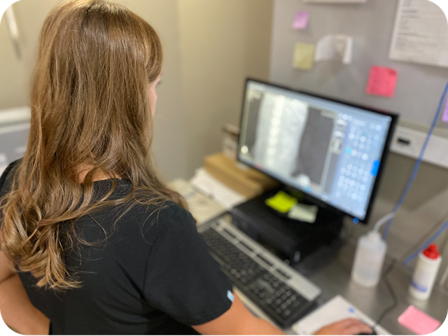 A woman is sitting at a desk looking at a computer screen.