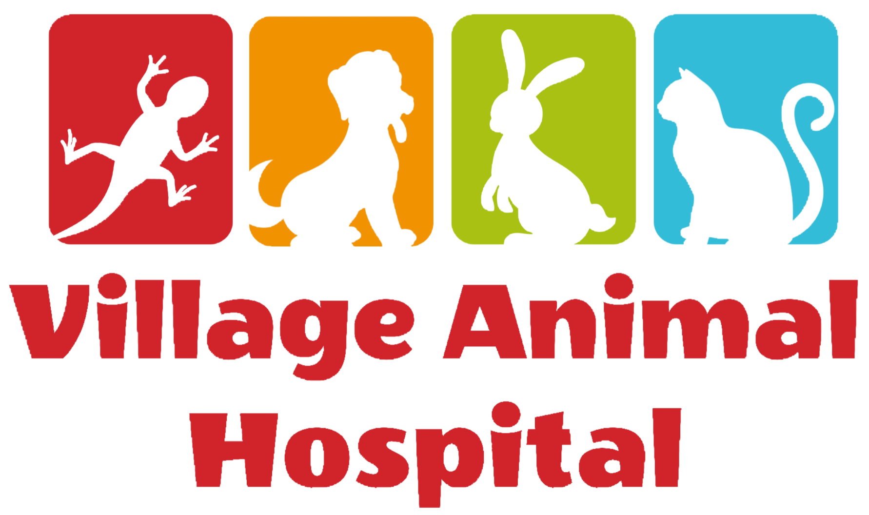 The logo for village animal hospital shows a lizard , a dog , a rabbit , and a cat.