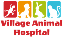 The logo for village animal hospital shows a lizard , a dog , a rabbit , and a cat.